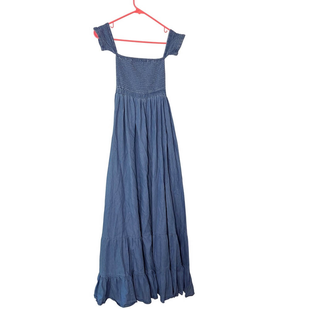 Venus Smocked Maxi Dress Womens Small Blue Denim Look Tiered Ruffle Boho Summer